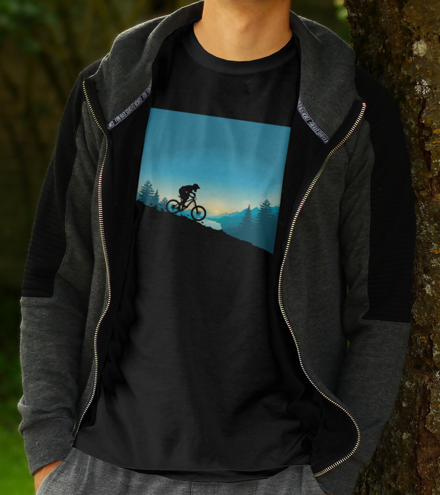 Mountain Rides Silhouette Of Cyclist Against Sunrise In Pine Forest T-Shirt