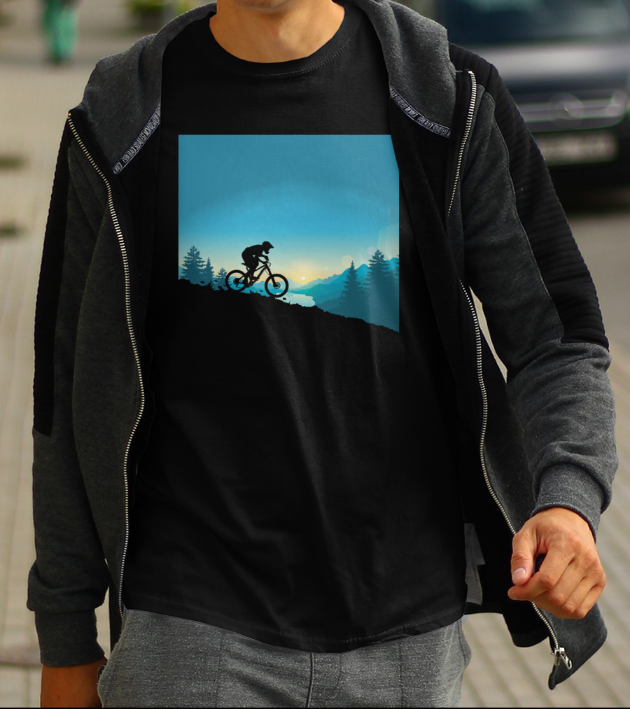 Mountain Rides Silhouette Of Cyclist Against Sunrise In Pine Forest T-Shirt
