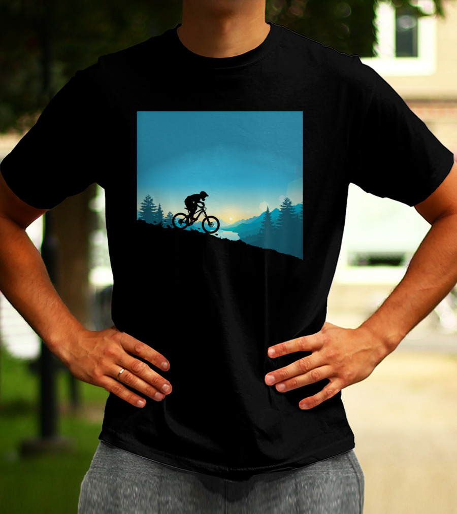 Mountain Rides Silhouette Of Cyclist Against Sunrise In Pine Forest T-Shirt