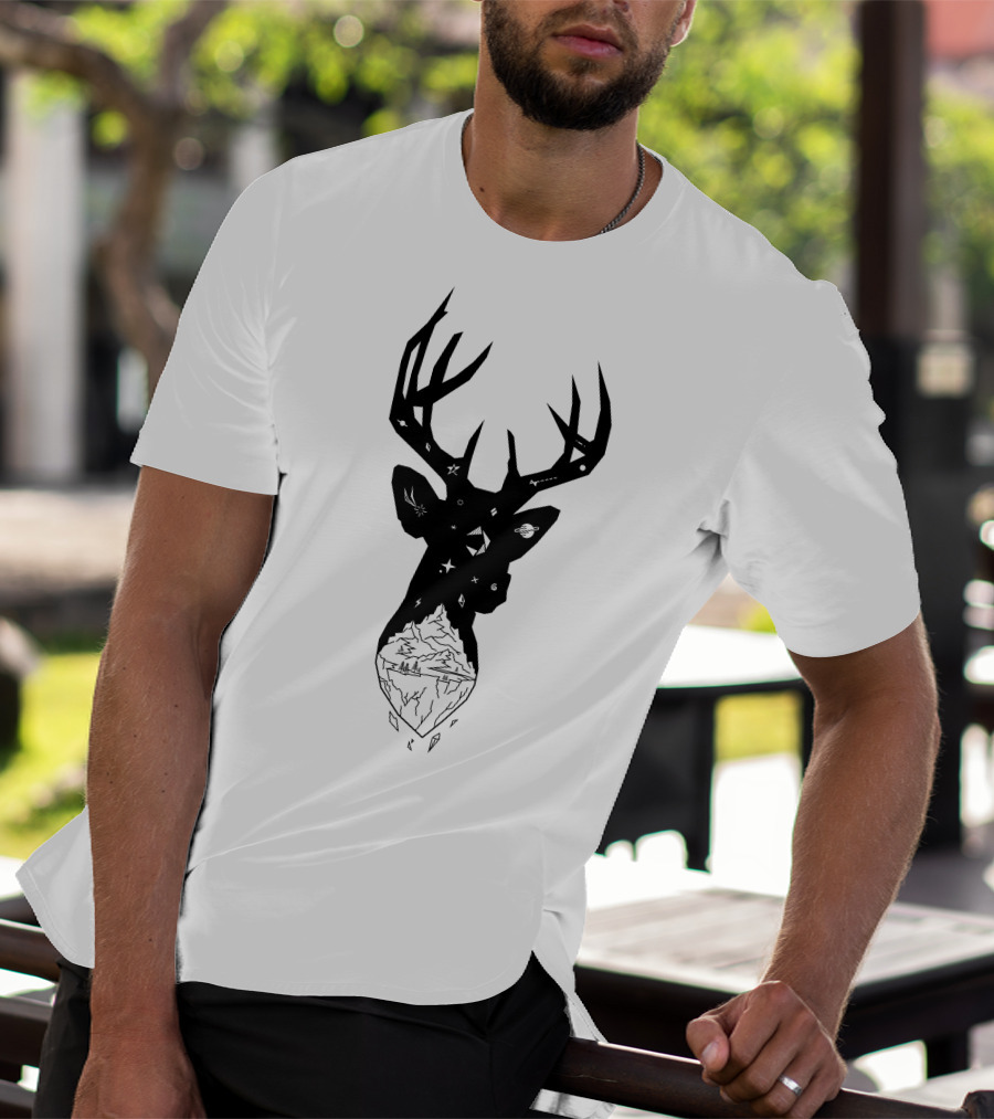 Mountain Stag Cosmic Wilderness Silhouette With Starry Night And Forest Landscape T-Shirt
