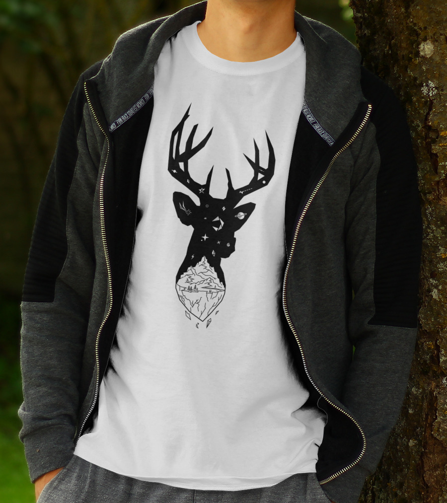 Mountain Stag Cosmic Wilderness Silhouette With Starry Night And Forest Landscape T-Shirt