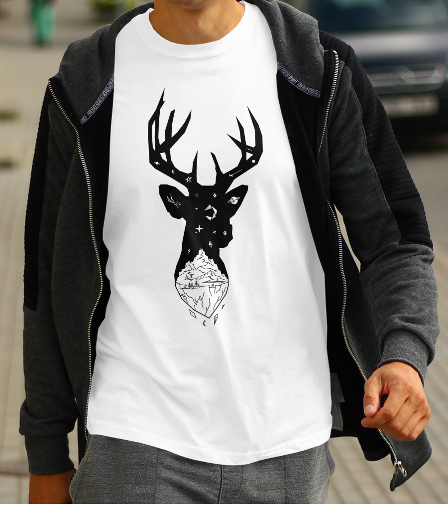 Mountain Stag Cosmic Wilderness Silhouette With Starry Night And Forest Landscape T-Shirt