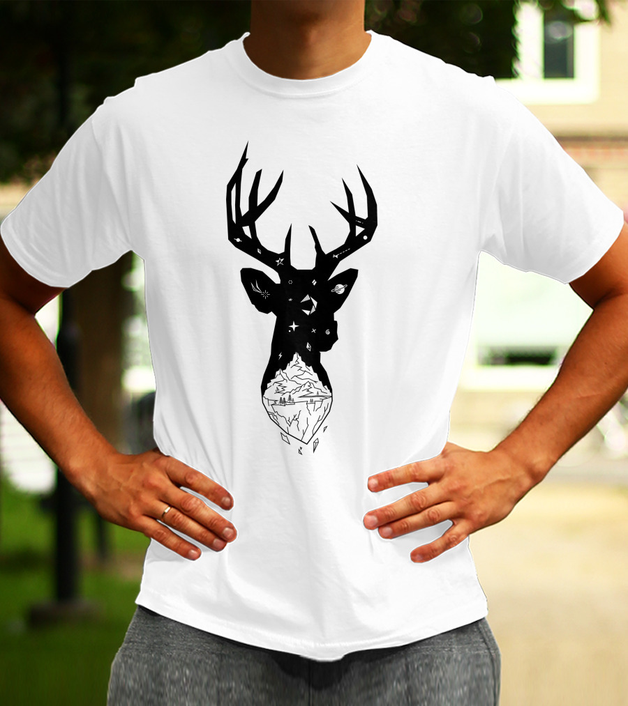 Mountain Stag Cosmic Wilderness Silhouette With Starry Night And Forest Landscape T-Shirt