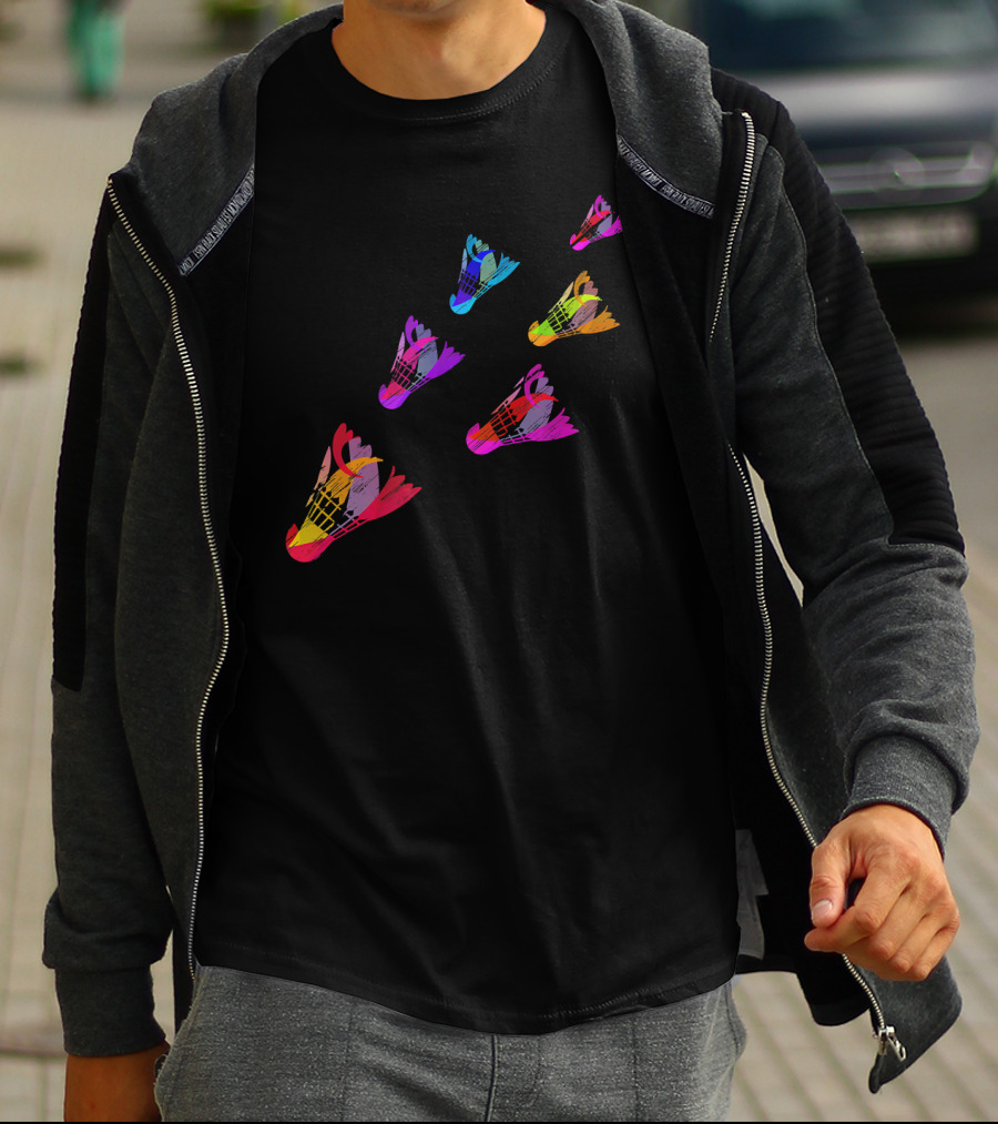 Colorful Sports Shuttlecock Illustration With Badminton Motif T-Shirt