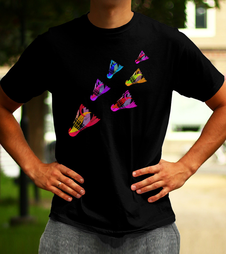 Colorful Sports Shuttlecock Illustration With Badminton Motif T-Shirt
