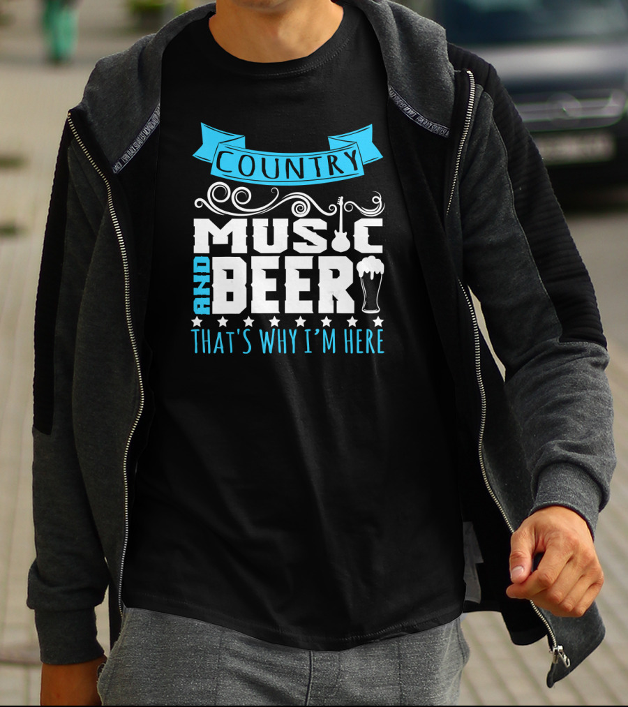 Country Music And Beer That's Why I'm Here Guitar And Pint Glass T-Shirt