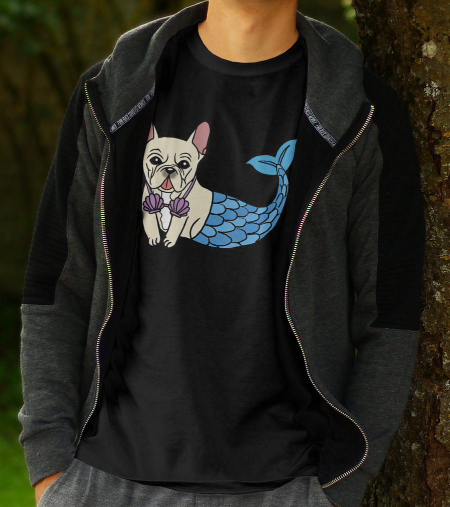 Cream French Bulldog Mermaid With Shell Bra Funny Do T-Shirt