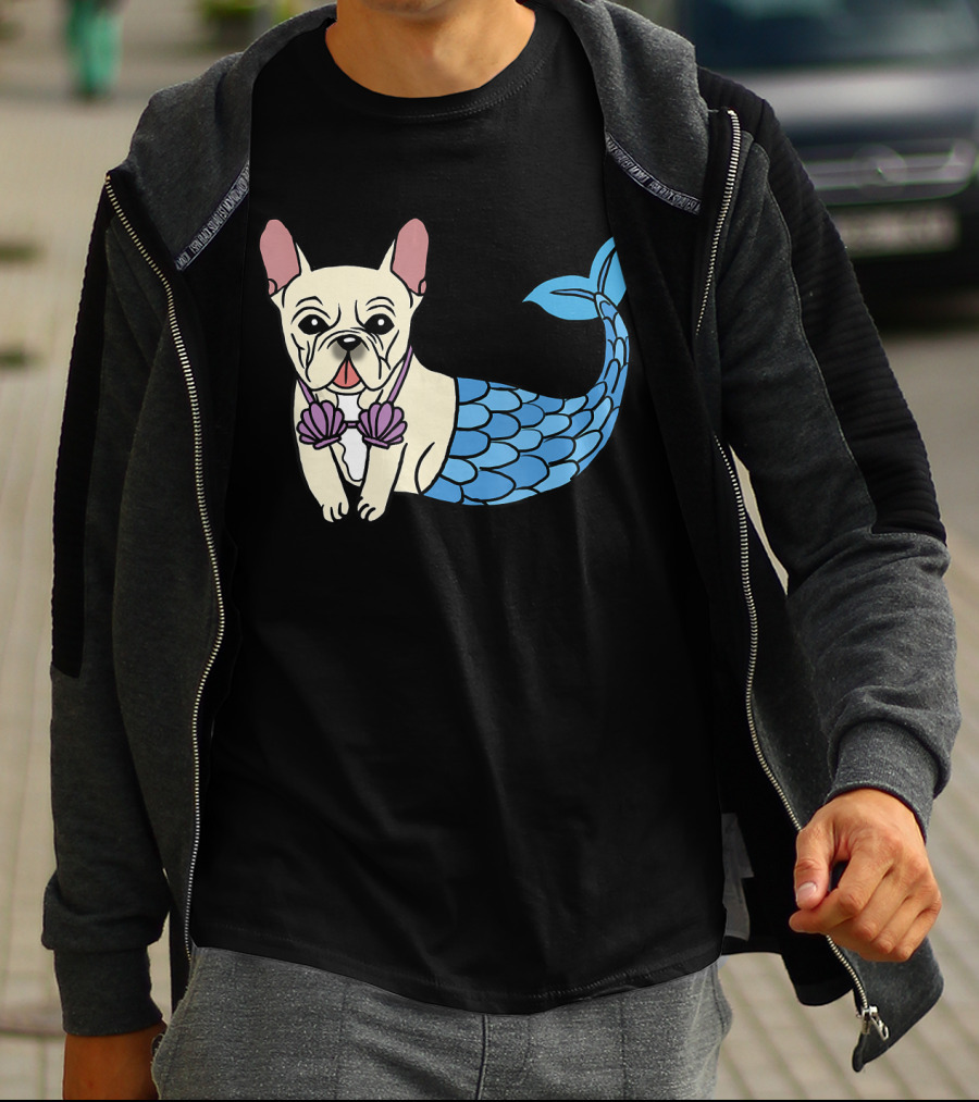 Cream French Bulldog Mermaid With Shell Bra Funny Do T-Shirt