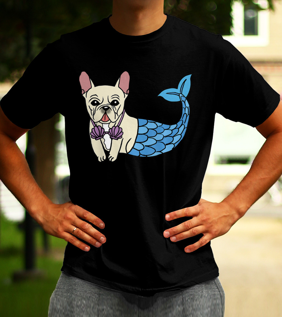 Cream French Bulldog Mermaid With Shell Bra Funny Do T-Shirt