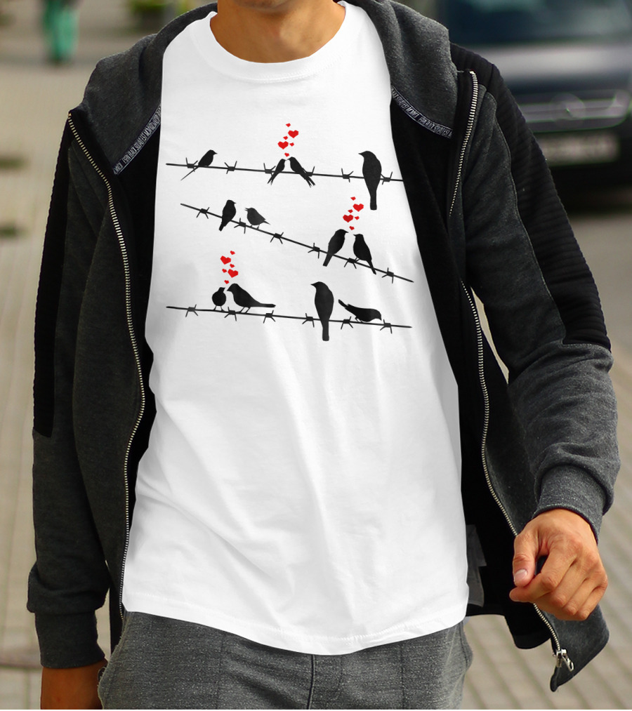 Cute Birds On A Wire Red Hearts Mens &amp T-Shirt