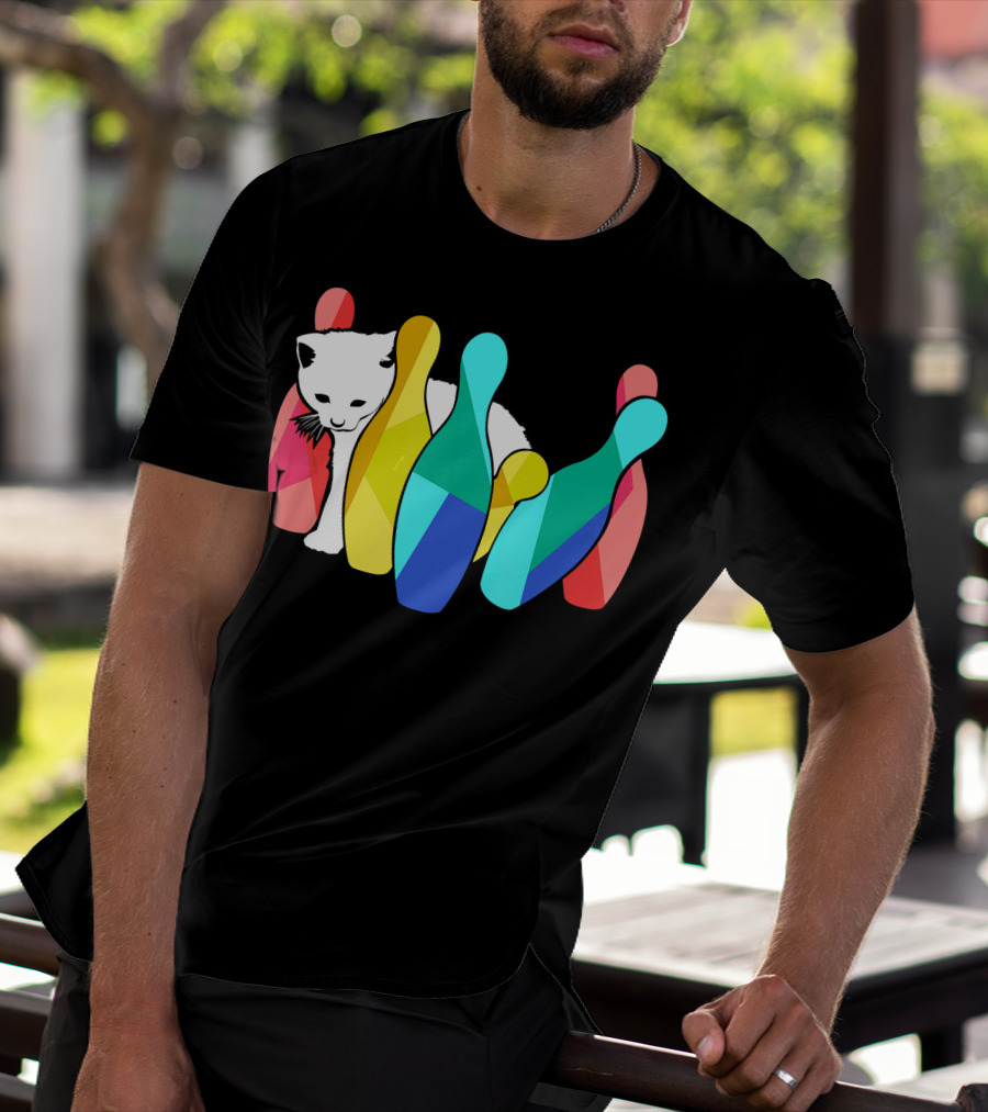 Playful Cute Cat Knocking Over Colorful Bowling Pins Kitty T-Shirt