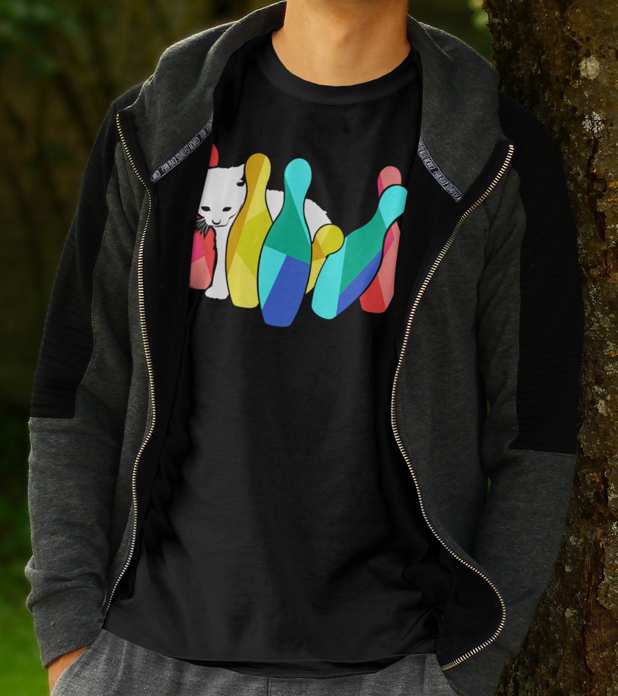 Playful Cute Cat Knocking Over Colorful Bowling Pins Kitty T-Shirt