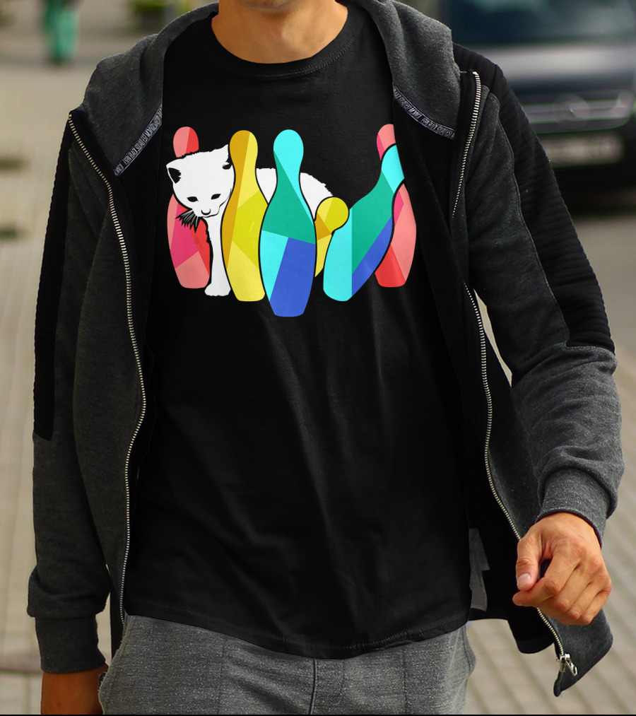 Playful Cute Cat Knocking Over Colorful Bowling Pins Kitty T-Shirt