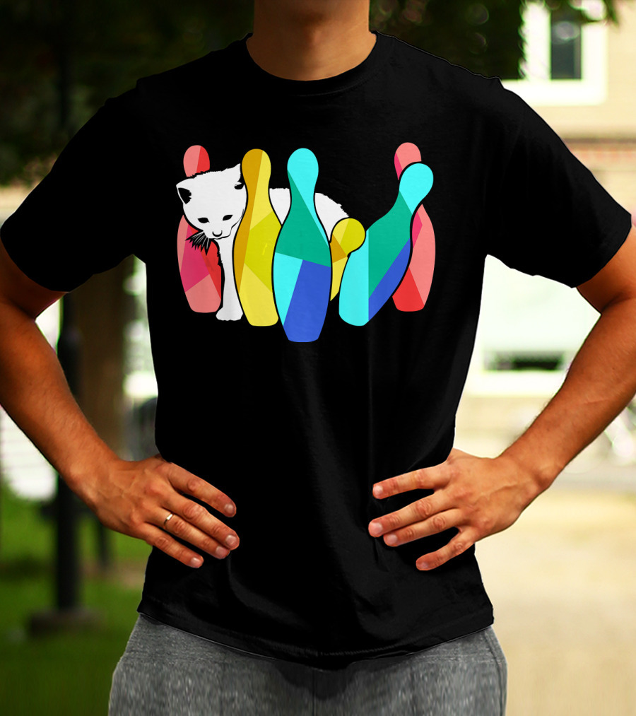 Playful Cute Cat Knocking Over Colorful Bowling Pins Kitty T-Shirt