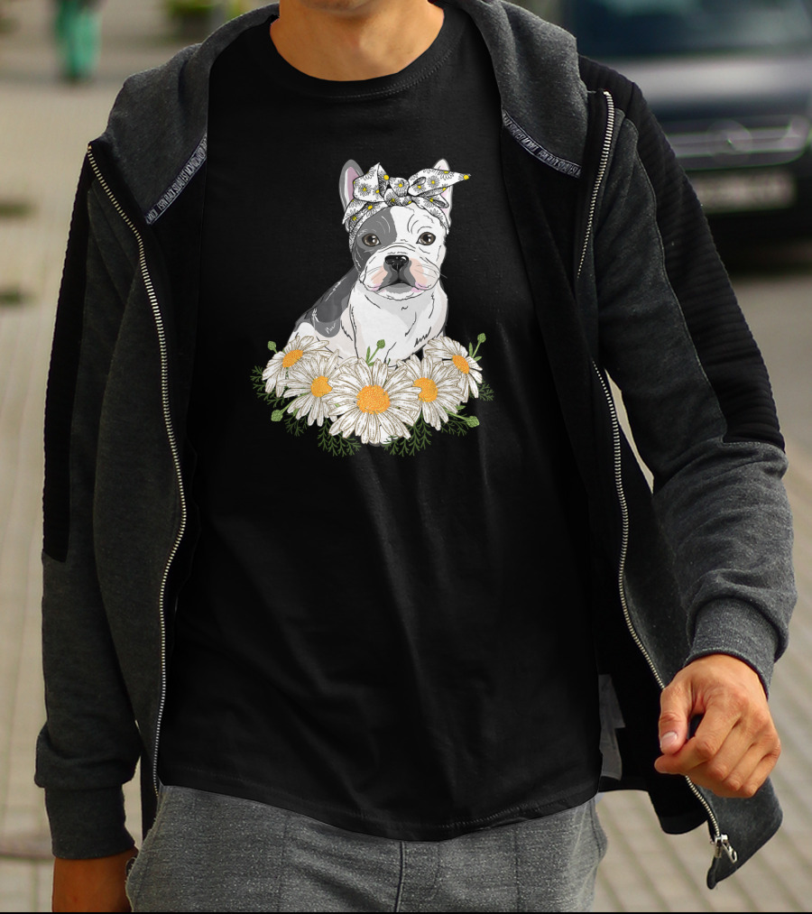 French Bulldog With Daisy Headband And Flower Garden T-Shirt