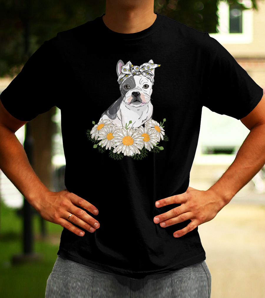 French Bulldog With Daisy Headband And Flower Garden T-Shirt