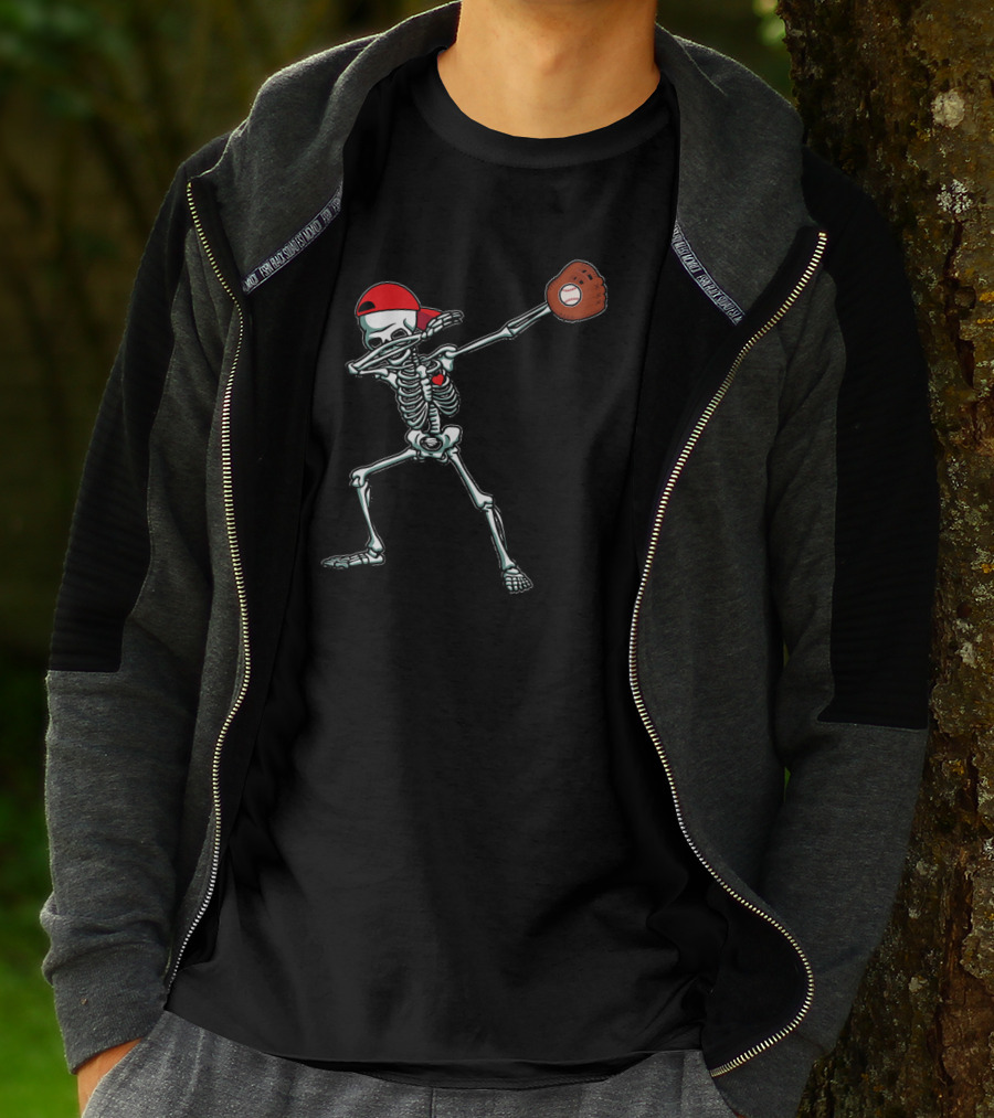 Skeleton Dabbing In Red Cap With Baseball Glove T-Shirt