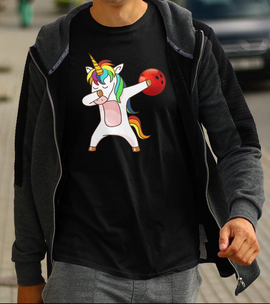 Dabbing Unicorn With Bowling Ball Rainbow Unico T-Shirt