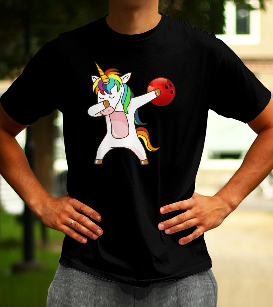 Dabbing Unicorn With Bowling Ball Rainbow Unico T-Shirt