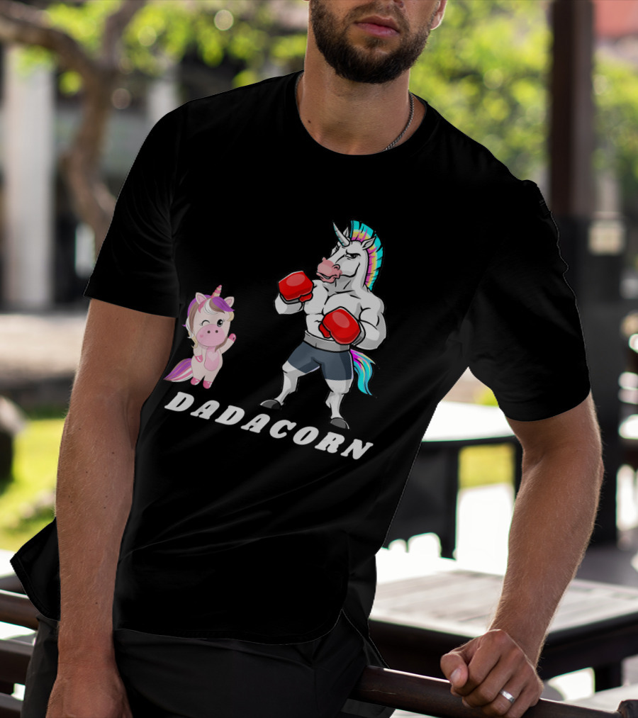Dadacorn Boxing Unicorn Dad Baby With Muscle And Rainbow Mane T-Shirt