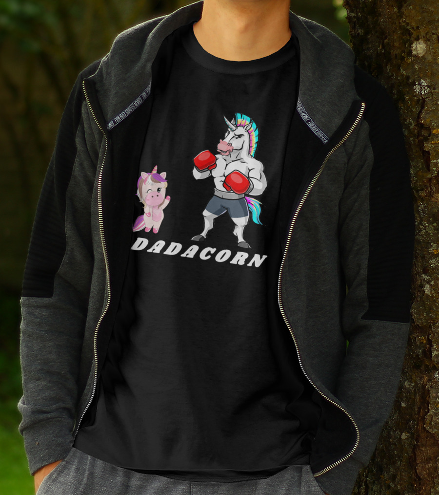 Dadacorn Boxing Unicorn Dad Baby With Muscle And Rainbow Mane T-Shirt
