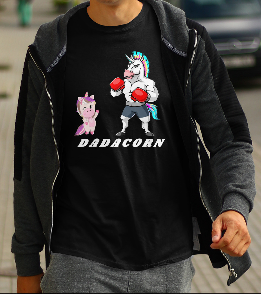 Dadacorn Boxing Unicorn Dad Baby With Muscle And Rainbow Mane T-Shirt