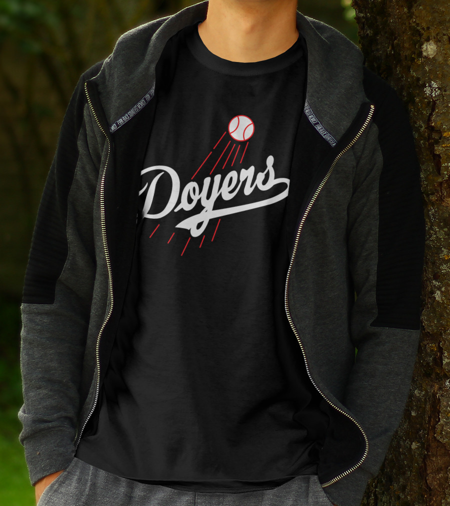 Doyers Baseball Red And White Script With Flying Ball T-Shirt