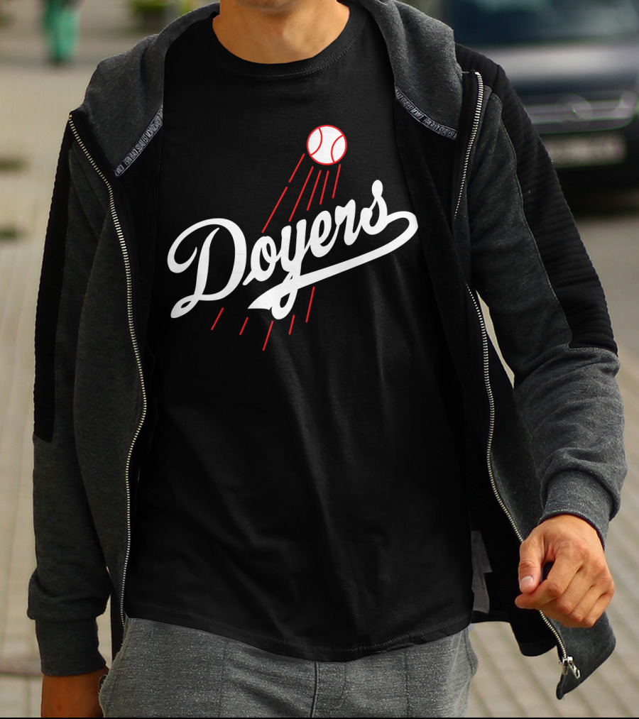 Doyers Baseball Red And White Script With Flying Ball T-Shirt