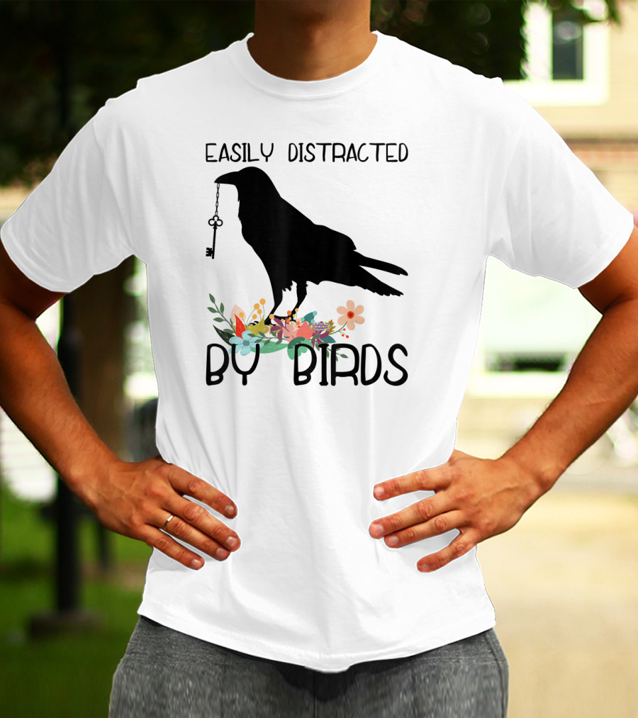 Easily Distracted By Birds Silhouette Of Bird With Key And Floral Elements T-Shirt