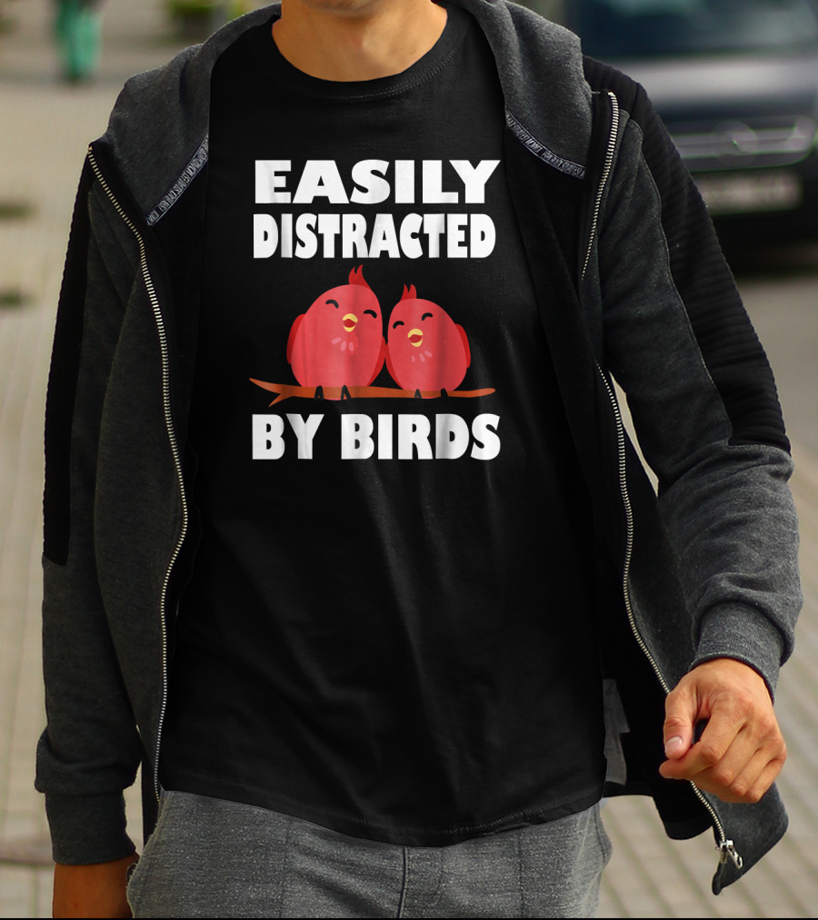 Easily Distracted By Birds Red Cartoon Style Bird Pair T-Shirt