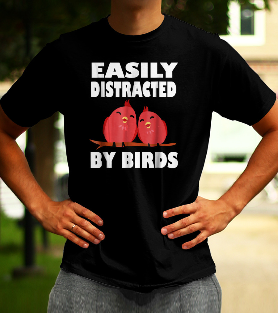 Easily Distracted By Birds Red Cartoon Style Bird Pair T-Shirt