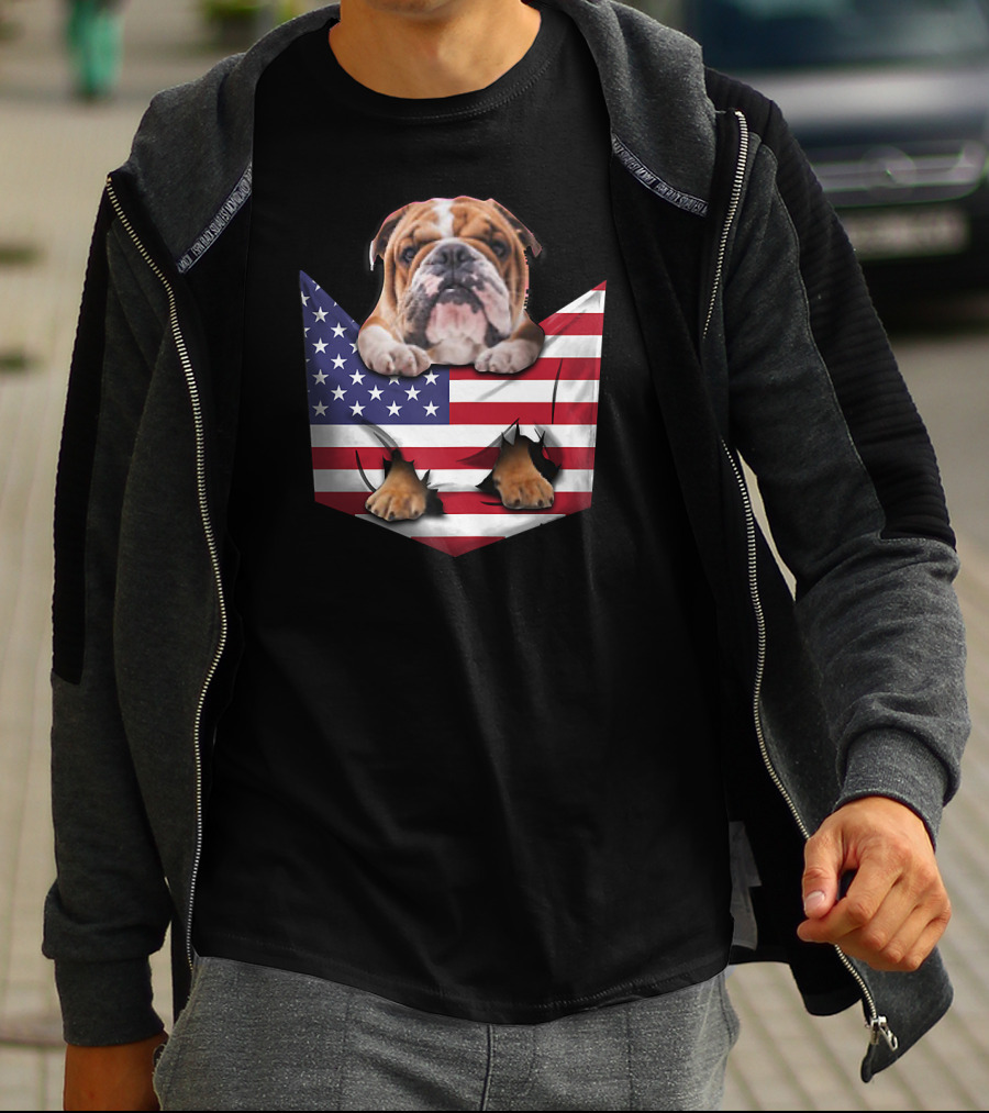 English Bulldog In American Flag Pocket T-Shirt