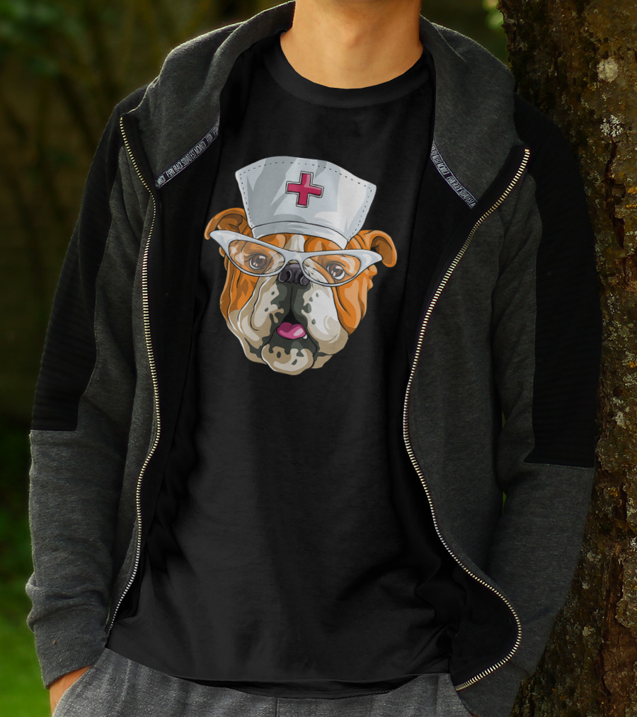 English Bulldog Nurse Hat Glasses Dog T-Shirt