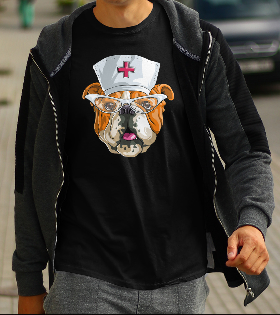 English Bulldog Nurse Hat Glasses Dog T-Shirt