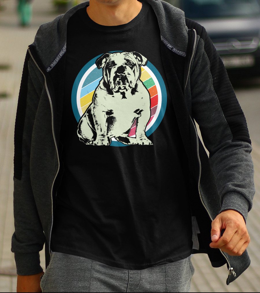 English Bulldog Retro Style Rainbow Circle T-Shirt