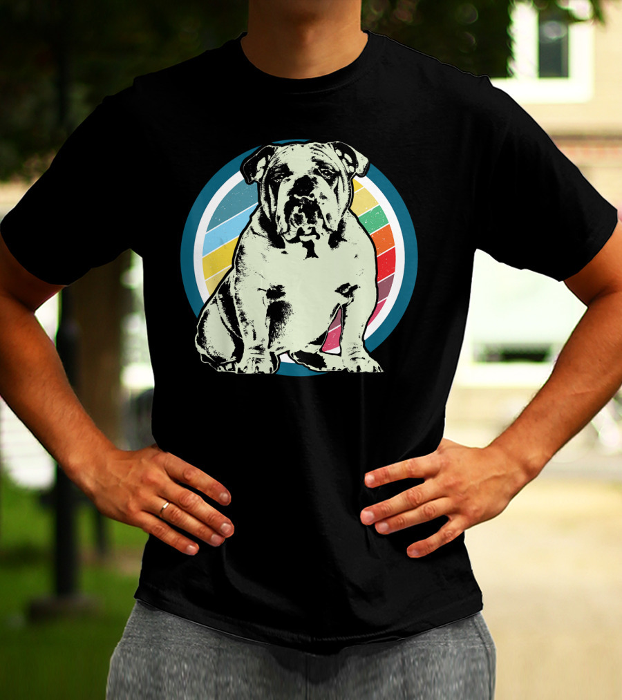 English Bulldog Retro Style Rainbow Circle T-Shirt