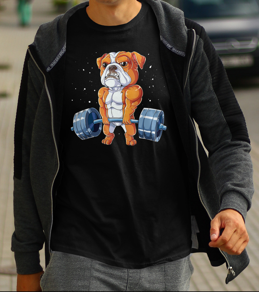 English Bulldog Weightlifting Humor Barbell Challenge T-Shirt