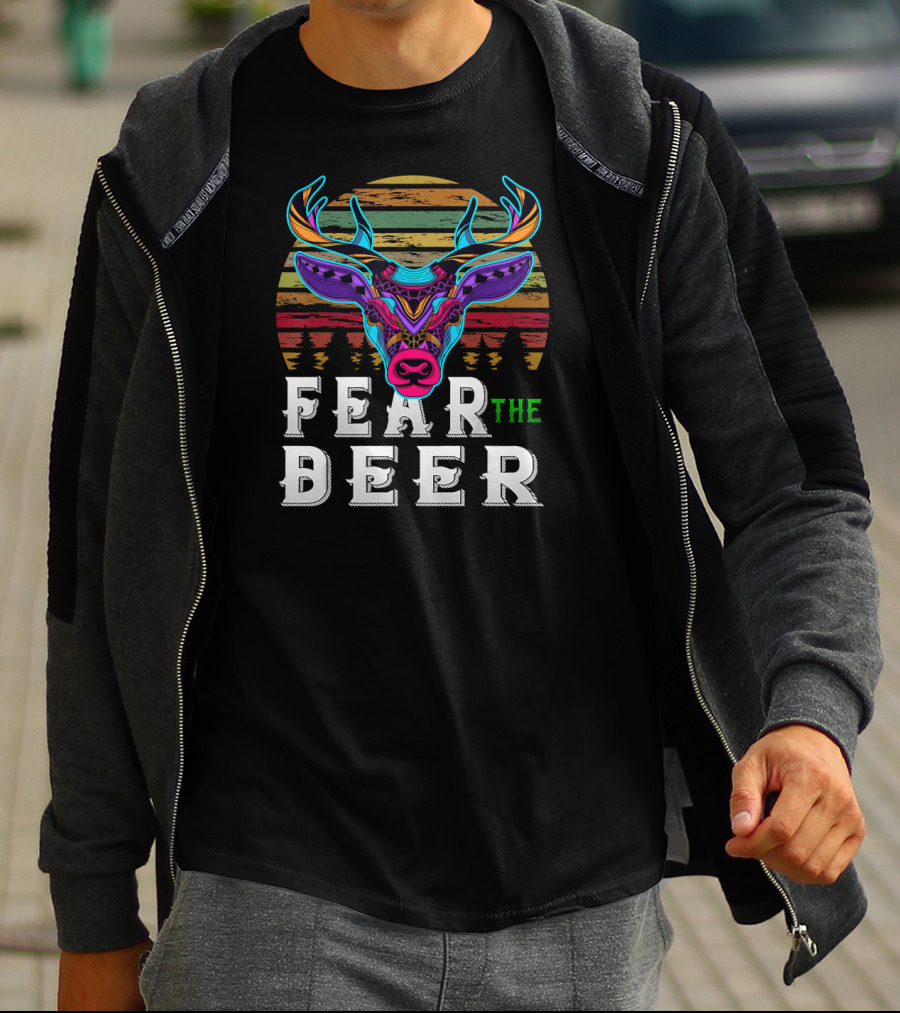 Fear The Deer Colorful Deer Head And Sunset Stripes T-Shirt