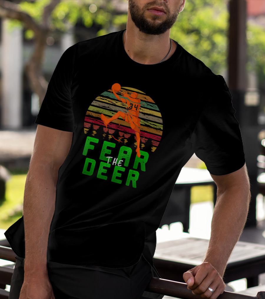 Fear The Deer 34 Milwaukee Basketball Retro Sunset Forest Jumper T-Shirt
