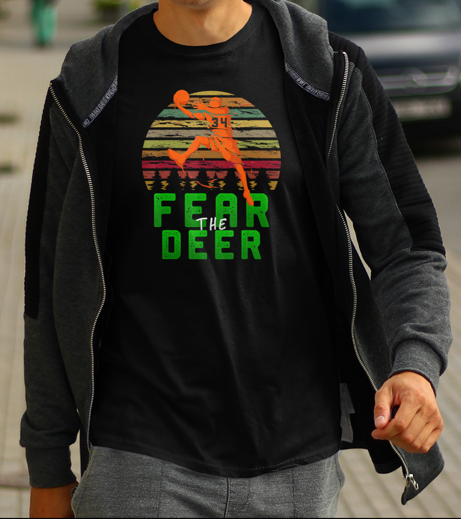Fear The Deer 34 Milwaukee Basketball Retro Sunset Forest Jumper T-Shirt