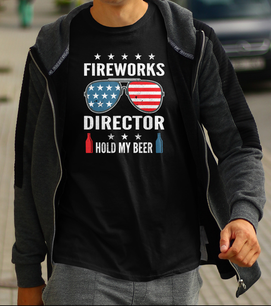 Fireworks Director Hold My Beer American Flag Sunglasses With Stars And Beer Bottles T-Shirt
