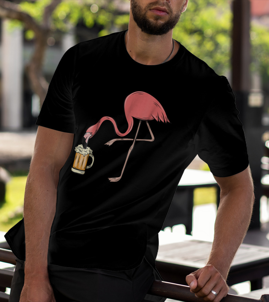 Funny Pink Flamingo Drinking Beer Illustrative Humor T-Shirt