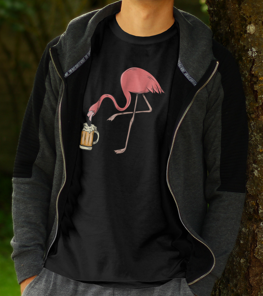 Funny Pink Flamingo Drinking Beer Illustrative Humor T-Shirt