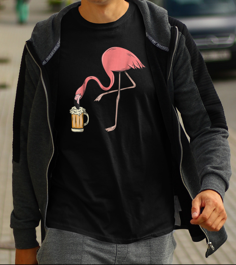 Funny Pink Flamingo Drinking Beer Illustrative Humor T-Shirt