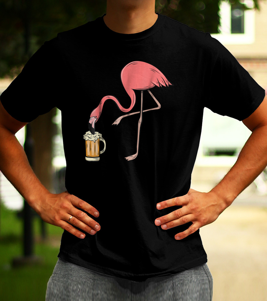 Funny Pink Flamingo Drinking Beer Illustrative Humor T-Shirt