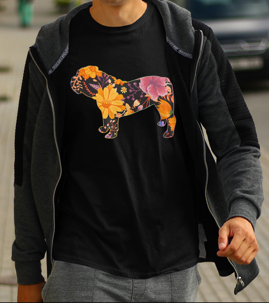 Floral Flower Vintage Bulldog Silhouette With Colorful Botanical T-Shirt