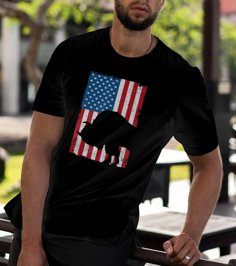 Fourth Of July Bison Patriot American Flag Silhouette Independence Day T-Shirt