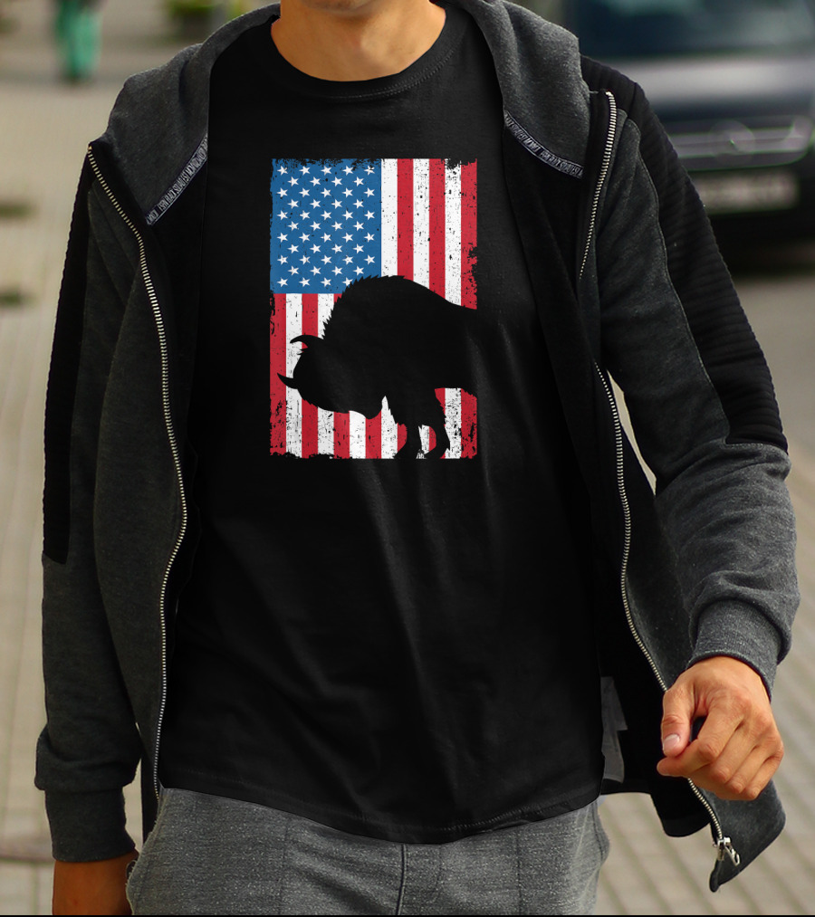 Fourth Of July Bison Patriot American Flag Silhouette Independence Day T-Shirt