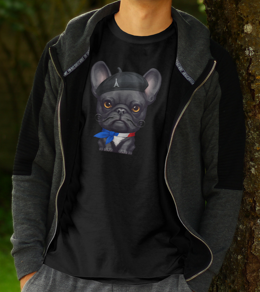 French Bulldog Paris Eiffel Tower Beret Mustache Look T-Shirt