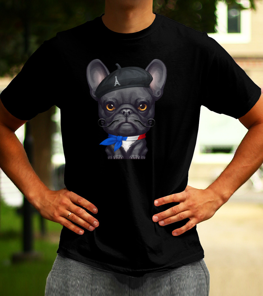 French Bulldog Paris Eiffel Tower Beret Mustache Look T-Shirt